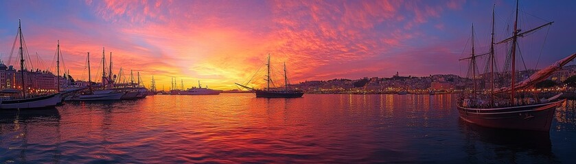 Beautiful harbor at sunset with tall ships and yachts reflecting in the calm water under a colorful sky