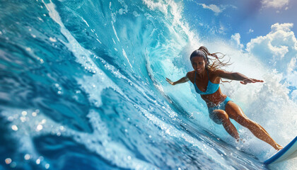 Professional Female Surfer Conquers a Huge Blue Wave on a Sunny Day. Toned Figure and Sculpted Muscles in Action. Power and Grace of a Master Surfer's Performance.