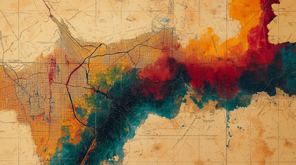 Abstract map with artistic splashes of color and intricate patterns.