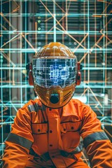 Wall Mural - Futuristic Worker with Digital Helmet and Orange Suit.