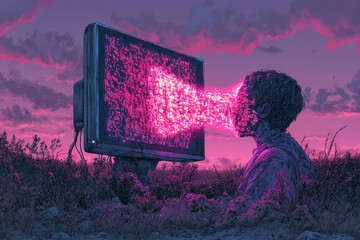 Whimsical illustration of a person being sucked into a computer monitor, with their body transforming into binary code,
