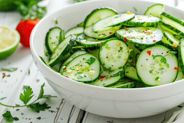 Wall Mural - Fresh cucumber salad in white bowl