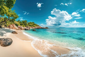 Wall Mural - breathtaking panoramic view of a pristine tropical beach where crystalclear turquoise waters meet an endless azure sky creating a serene paradise