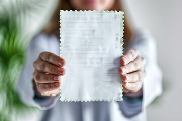 Woman Holding and Displaying a Blurred Receipt with Green Edges in a Bright Setting