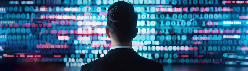 Businessman, binary code silhouette, virtual background, futuristic neon lighting