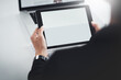 © peopleimages.com - Blank screen, tablet and hands with digital, ux design and creative web project at office. Mockup, person and mobile app developer with online research, technology and social media display update