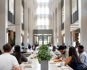 A bustling university cafeteria within the buildings, students discussing journals and research, offering an overview of collaborative learning