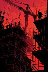 Wall Mural - Silhouette of construction workers and crane against a red sky.