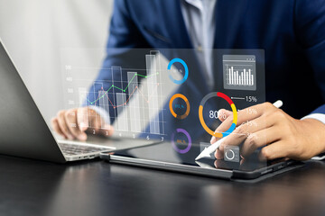 Fototapete - Analyst utilizing technology and dashboard with charts data science and Big Data technology for business, Strategic data management system with KPI organization performance with technology and metrics
