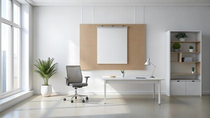 Wall Mural - Minimalist White Office with an Empty Bulletin Board  Generative AI