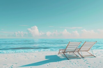 Two empty beach chairs on white sand beach with ocean view.