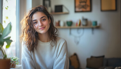 Smiling young woman in a cozy home interior with natural light, wearing a casual sweater and sitting near a window.