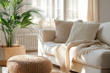 Sticker - cozy scandinavian living room warm natural light lush indoor plants minimalist decor inviting textures serene spring atmosphere