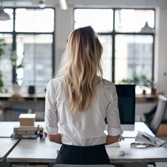 Wall Mural - Business girl from behind in a modern workspace.