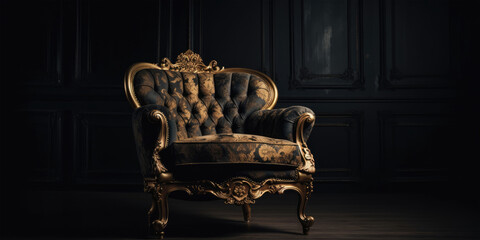 Wall Mural - Classic Baroque Armchair with Ornate Velvet Upholstery and Gold Detailing in a Dark, Luxurious Setting