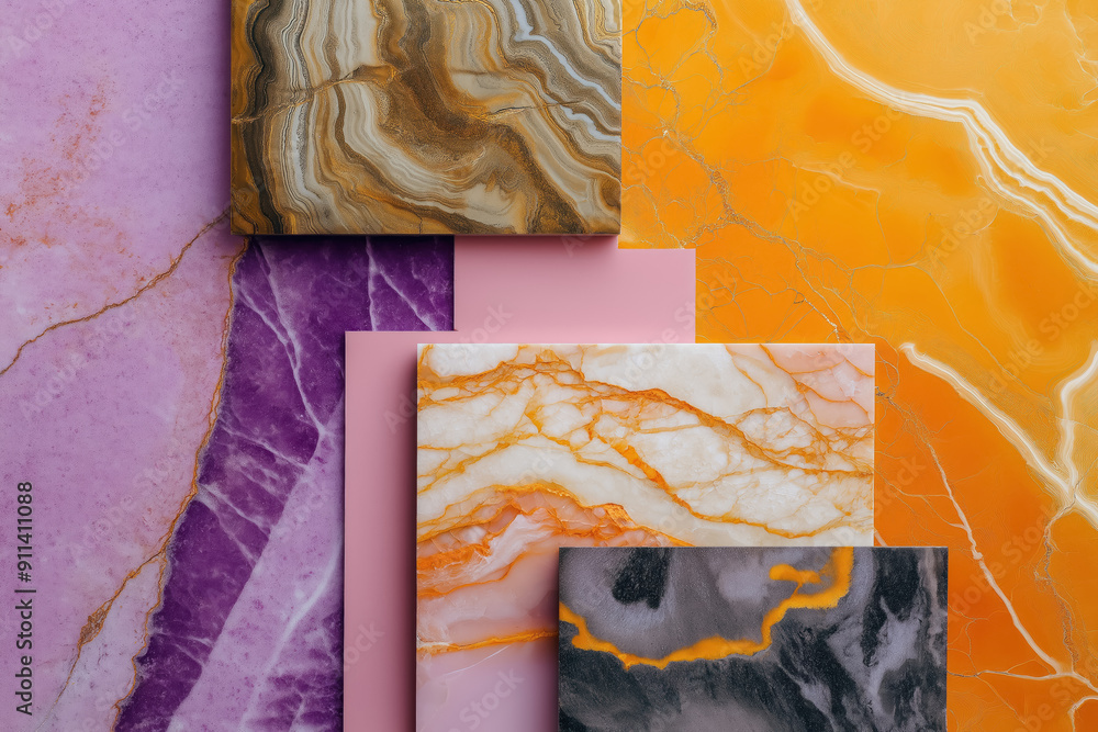 luxurious interior design sample moodboard with marble in coral purple ...