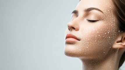 futuristic beauty concept: woman's face with digital mesh overlay, symbolizing advanced skincare tec