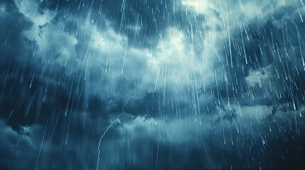 rainstorm weather, strong storm accompanied by lightning and thunder, dark clouds in the sky, rain p