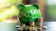 © MakoPoko - Green piggy bank with clover and coin stacks, symbolizing savings and financial luck. Vibrant and cheerful design.