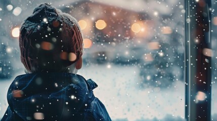 Wall Mural - Child looking out the window at falling snow.