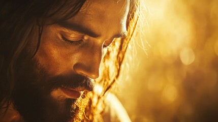 Poster - A serene and expressive portrait of Jesus Christ, radiating calmness, with a soft ethereal light enhancing His features