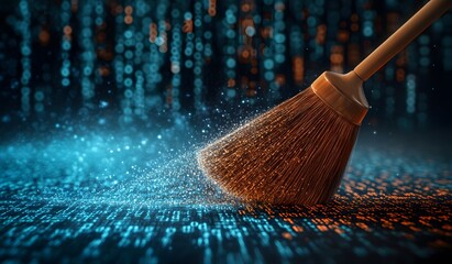 a broom sweeping away the dust of data, with binary code in the background. the concept conveys them