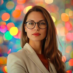 Poster - Corporate woman in front of a bright backdrop.