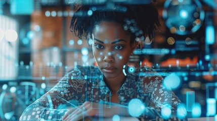 Leinwandbilder - Young black woman working in an office with a digital data concept. Management strategy based on digital data.