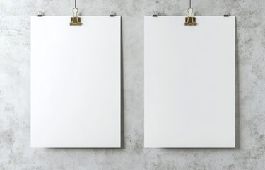 Sticker - Mockup of two white blank posters hanging with clips