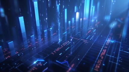 Poster - 4K resolution animation of a growing business concept with a blue bar chart. Hi-tech style technology chart with a grid. Depth of field camera movement.