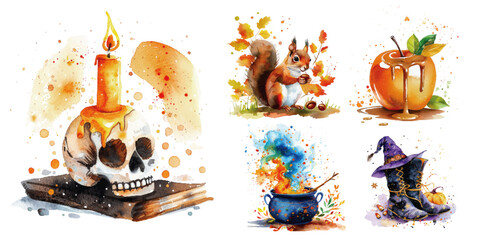 Wall Mural - A vibrant set of watercolor illustrations depicting classic Halloween symbols: a skull candle, squirrel, pumpkin, and witch. Whimsical Halloween Watercolor Collection

