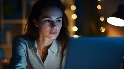 Wall Mural - A business woman attentively participates in a video call, illuminated by soft lighting, showcasing a focused and engaged expression during her work