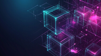 Fototapete - Abstract digital blocks on a technology background with holographic cubes and glowing lines in blue, purple, and pink colors on a dark black backdrop. This high-quality vector illustration showcases a