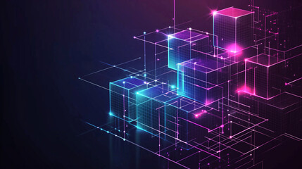Fototapete - Abstract digital blocks on a technology background with holographic cubes and glowing lines in blue, purple, and pink colors on a dark black backdrop. This high-quality vector illustration showcases a