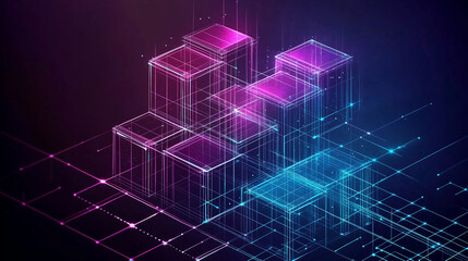 Fototapete - Abstract digital blocks on a technology background with holographic cubes and glowing lines in blue, purple, and pink colors on a dark black backdrop. This high-quality vector illustration showcases a