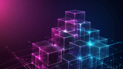 Fototapete - Abstract digital blocks on a technology background with holographic cubes and glowing lines in blue, purple, and pink colors on a dark black backdrop. This high-quality vector illustration showcases a
