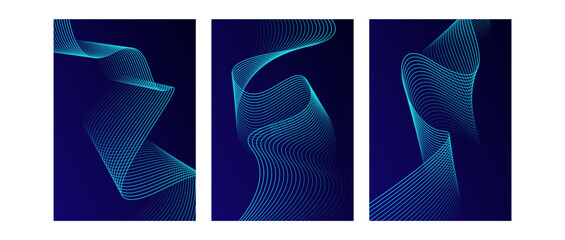 Wall Mural - Set of Abstract glowing wave lines on dark blue background. Dynamic wave pattern. Modern flowing wavy lines. Futuristic technology concept