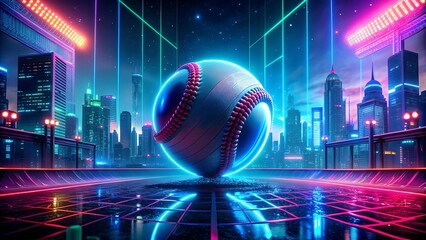 Poster - Neon Dreamscape Baseball: A Futuristic Sphere Glowing in a Cyberpunk City  generative AI