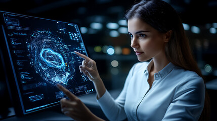 Wall Mural - a futuristic scene showing a teacher in a high-tech virtual classroom with holographic lesson materi
