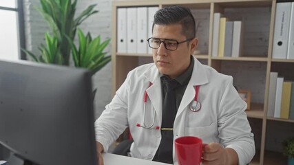 Wall Mural - Focused hispanic man in glasses and lab coat working with a computer in a hospital office holding a red cup.