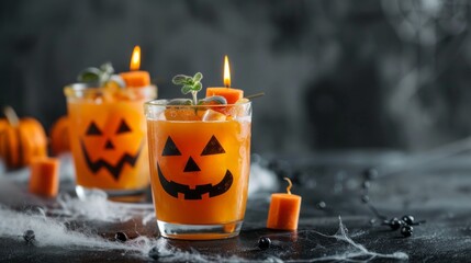 Two glasses of orange liquid with a pumpkin face on them