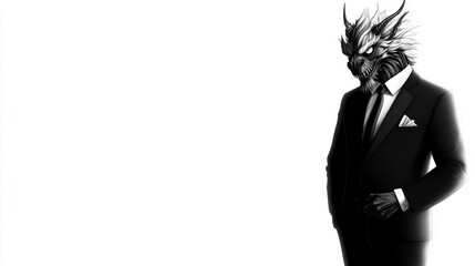 A man in a suit is depicted with horns and a beard