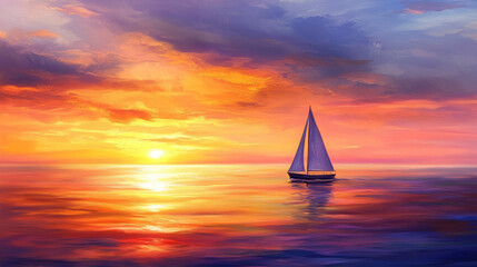 Wall Mural - Capture the breathtaking beauty of a sunset at sea, with the sky painted in vibrant hues of orange, pink, and purple, and the sun reflecting off the calm ocean waters, creating a serene and romantic 