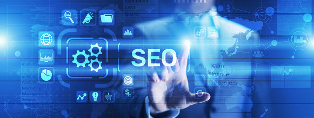 Wall Mural - seo - search engine optimisation, digital internet marketing concept on virtual screen.
