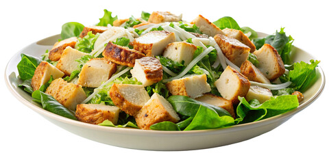 fresh caesar salad: grilled chicken, croutons, parmesan on isolated background