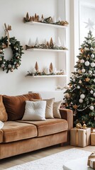 Wall Mural - Cozy living room adorned with festive decorations: Christmas tree, floating shelves with miniature trees, wreath, and a comfortable sofa create a warm holiday atmosphere.