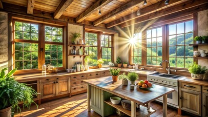 Canvas Print - Sunlight Streaming Through Sparkling Clean Windows in a Rustic Summer Kitchen  generative AI