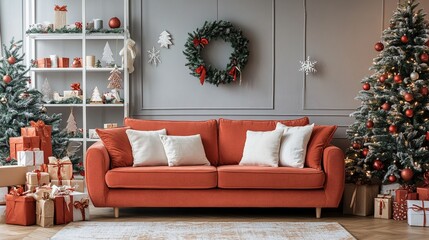 Wall Mural - Festive living room adorned with Christmas trees, wreath, and decorations, centered by a cozy orange sofa with white pillows, creating a warm holiday atmosphere.