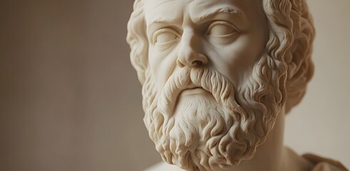 A marble statue of the philosopher Socrates, with beard and ancient Greek , neutral background, copy space on right side, close-up shot, 