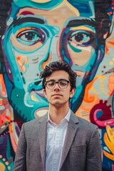 Wall Mural - Young entrepreneur in front of a lively abstract backdrop.